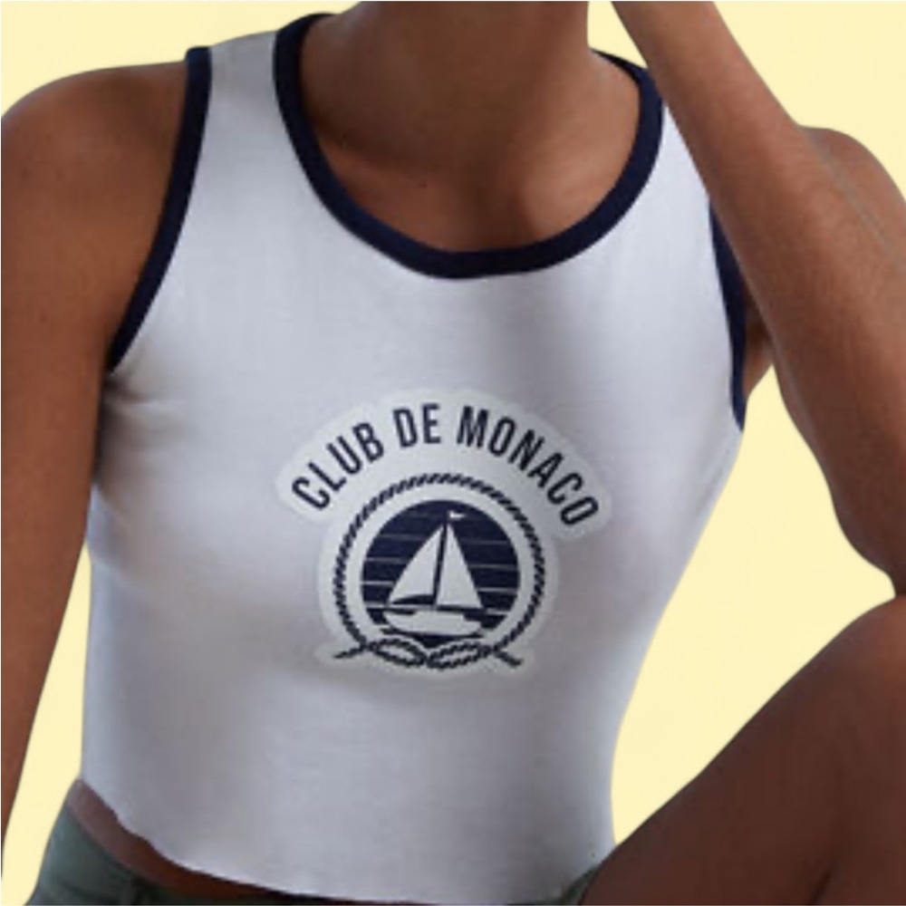 Club Monaco Pacsun White Tank Navy Trim & Nautical Sailboat Graphic Crop Top SML